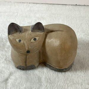 Vintage Folk Art Carved‎ Wood Cat Signed Sweet Made in Thailand primitive